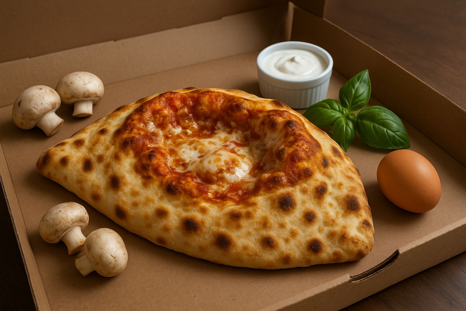 Le Chausson Berger - Base tomate, Mozza, Emmental, Lardons, Champignons, Fromage de Chèvre, Pointe de Crème, Olives, Origan