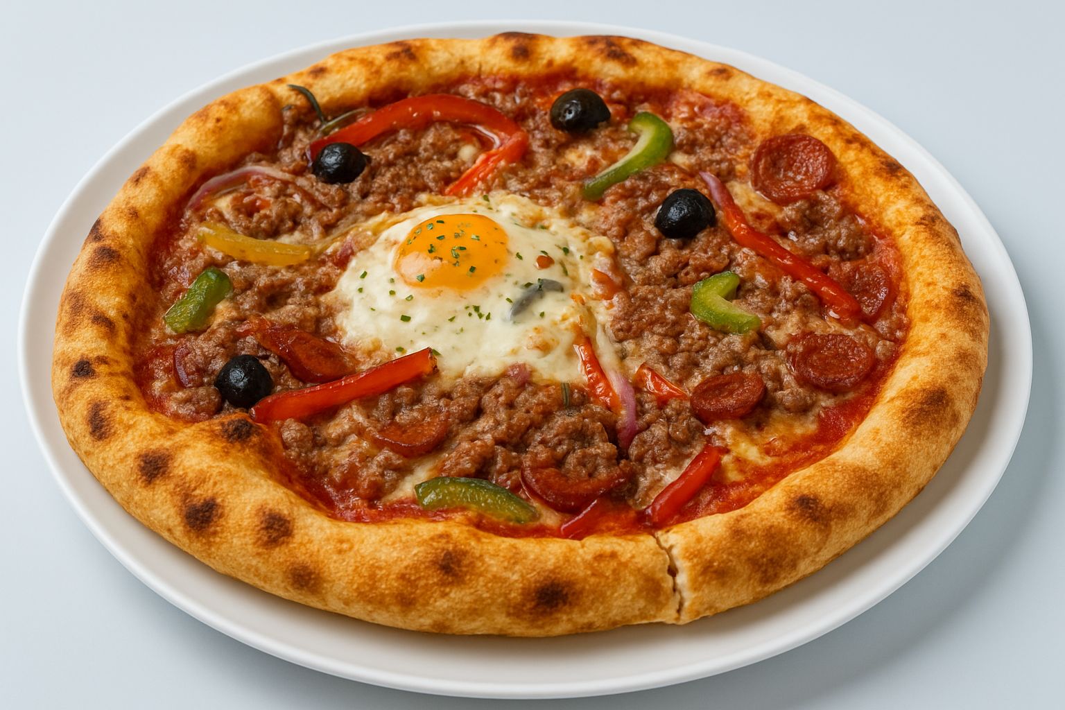 Carnivore - Base tomate, Mozza, Emmental, Chorizo, Merguez, Viande Hachée, Oignons, Poivrons, Oeuf, Olives, Origan