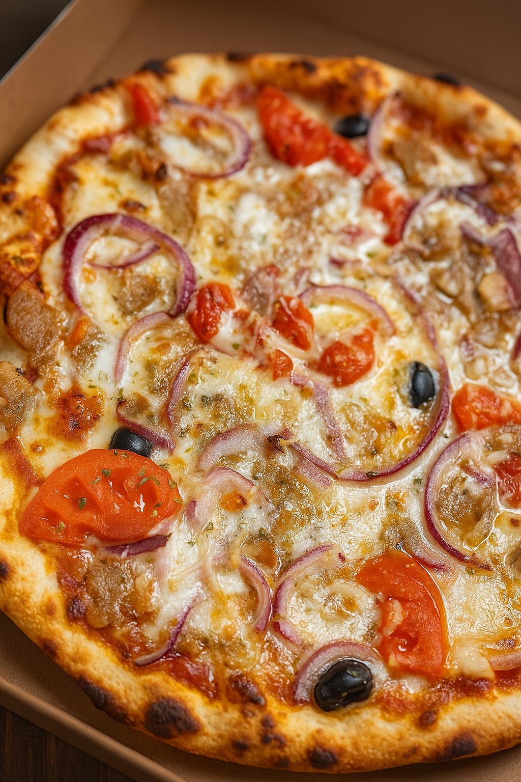 Kebab - Base tomate, Mozza, Emmental, Kebab, Oignons, Tomates Fraîches, Sauce Blanche, Olives, Origan