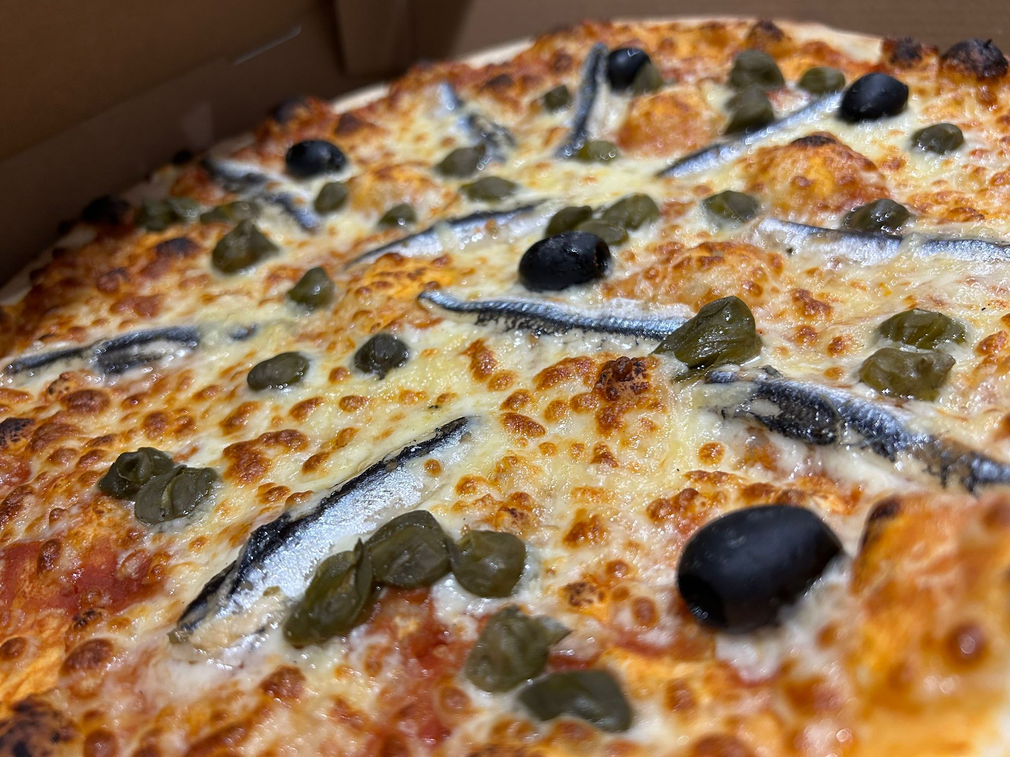 Napolitaine - Base tomate, Mozza, Emmental, Anchois à l'Huile, Câpres, Olives, Origan