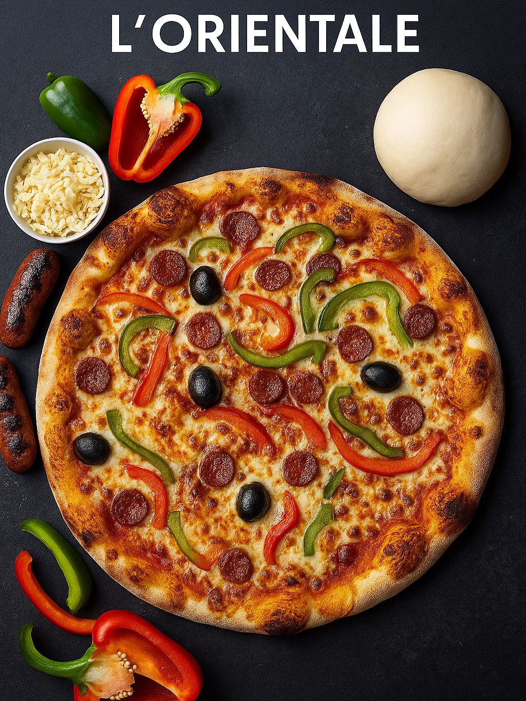 Orientale - Base tomate, Mozza, Emmental, Merguez, Poivrons, Olives, Origan