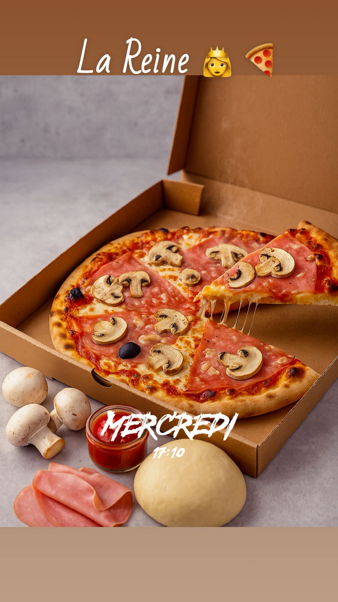 Reine - Base tomate, Mozza, Emmental, Jambon, Champignons, Olives, Origan