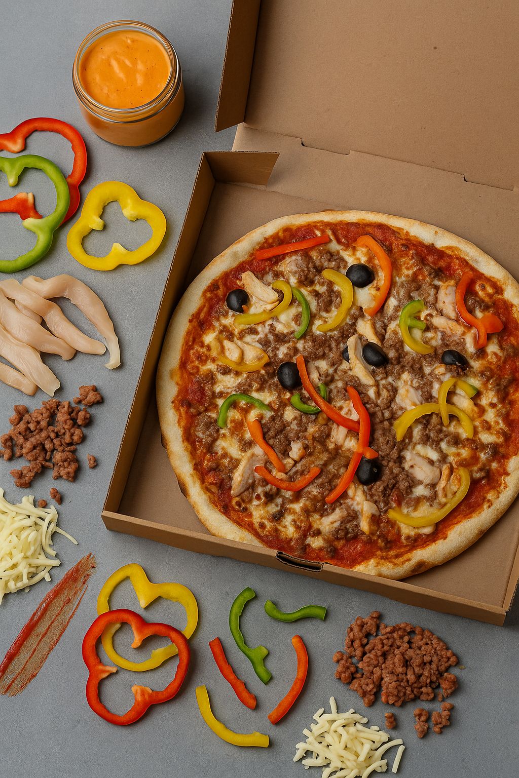 Texane - Base tomate, Mozza, Emmental, Poulet, Viande Hachée, Poivrons, Sauce Algérienne, Olives, Origan